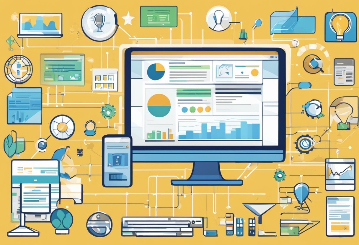 A computer screen showing a website with the title "Viral Lead Funnels Review" surrounded by various marketing icons and graphs