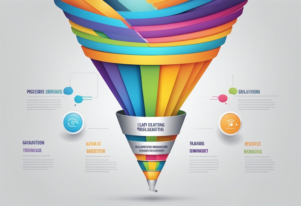 A colorful funnel with multiple layers, each representing a step in the lead generation process. Bright, engaging visuals and clear messaging draw in potential leads