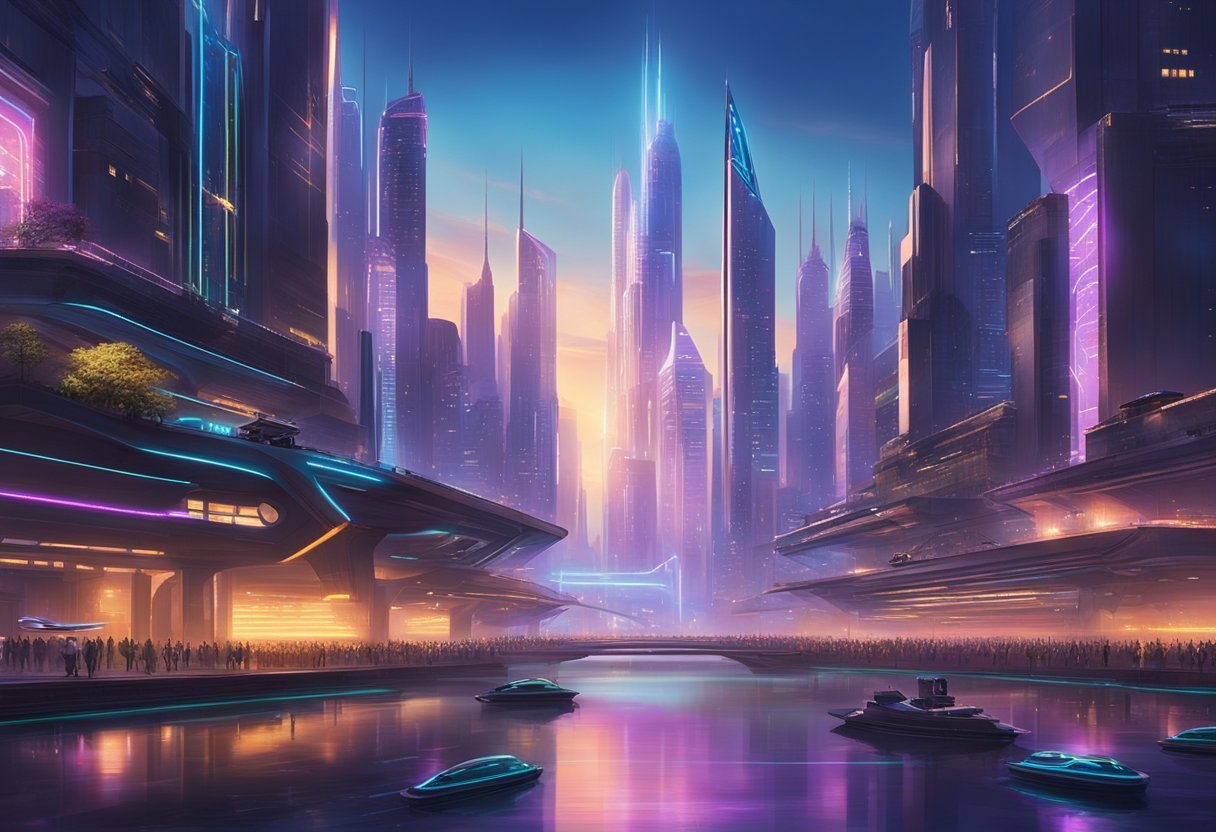 A futuristic cityscape with neon lights and towering skyscrapers, reflecting off a sleek, metallic river. A spaceship hovers above, casting a soft glow on the bustling streets below