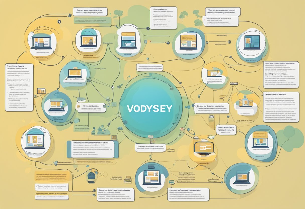 The Vodyssey business model is depicted through a flowchart, showcasing the process of content creation, curation, and distribution. It highlights the interconnectedness of creators, viewers, and advertisers in the Vodyssey ecosystem