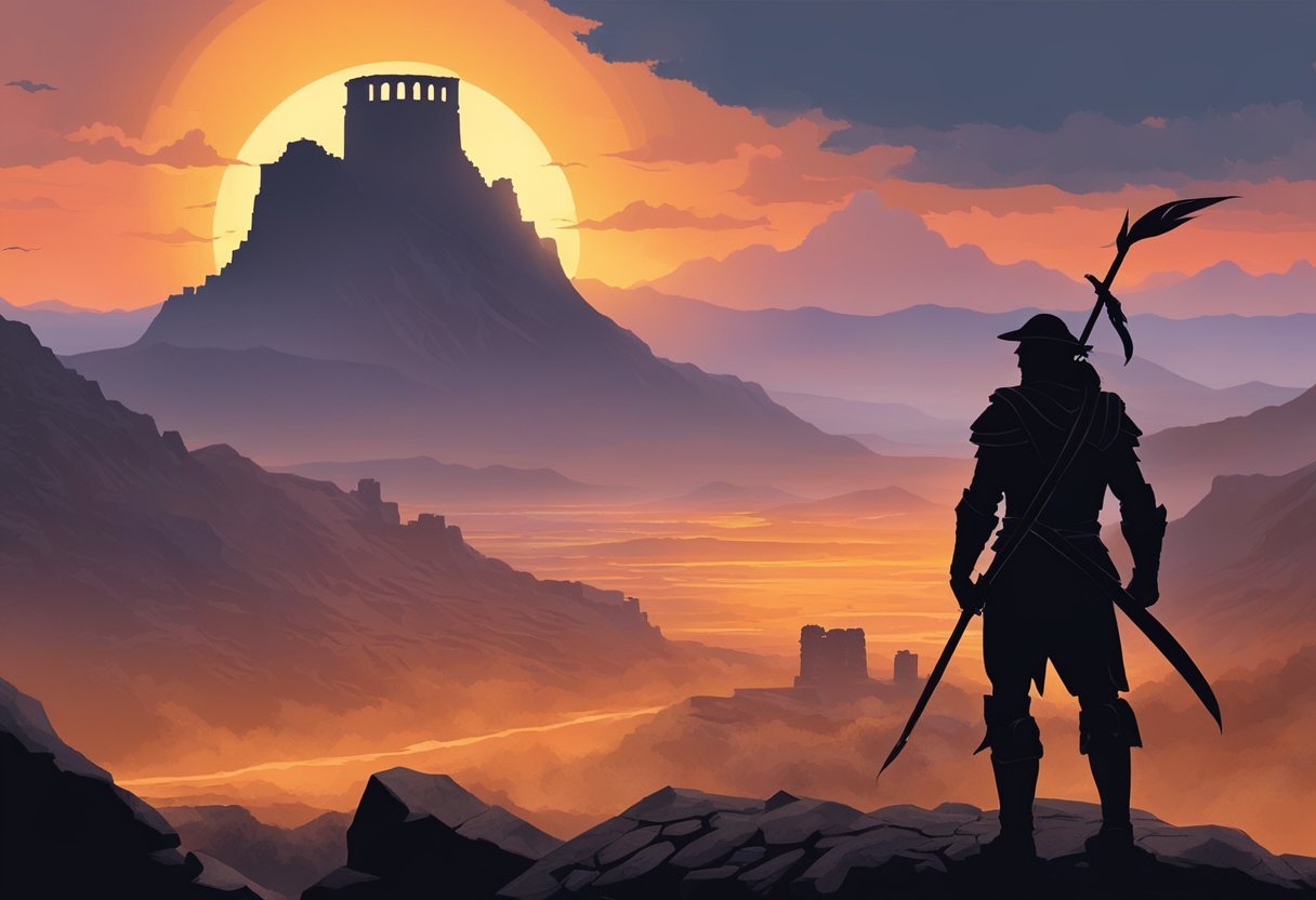 A lone warrior rises at dawn, silhouetted against the fiery sky, surrounded by rugged terrain and ancient ruins