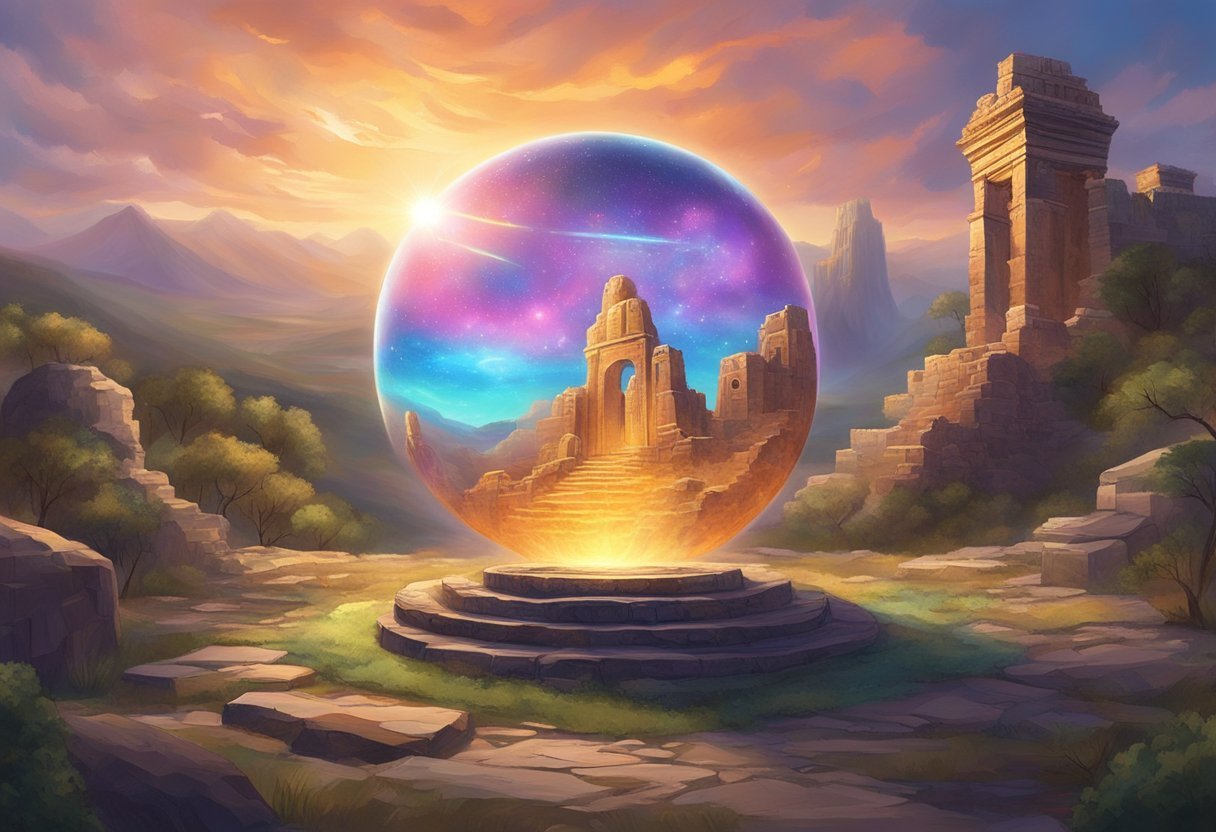 A glowing orb emerges from a rugged landscape, surrounded by ancient ruins and mystical symbols. The sky is a mix of vibrant colors, hinting at a powerful awakening