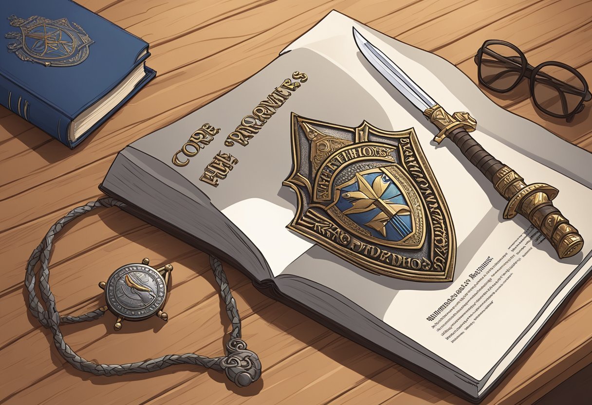 A warrior's sword and shield lay ready beside a book titled "Core Programs and Methodologies Wake Up Warrior" on a wooden table