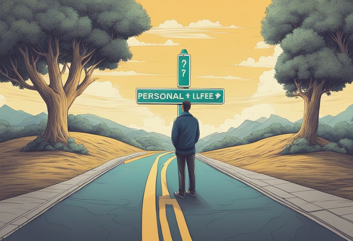 A person standing at a crossroads, one path leading to a thriving professional life, the other to personal fulfillment. The person is contemplating their choices, feeling the weight of their decisions