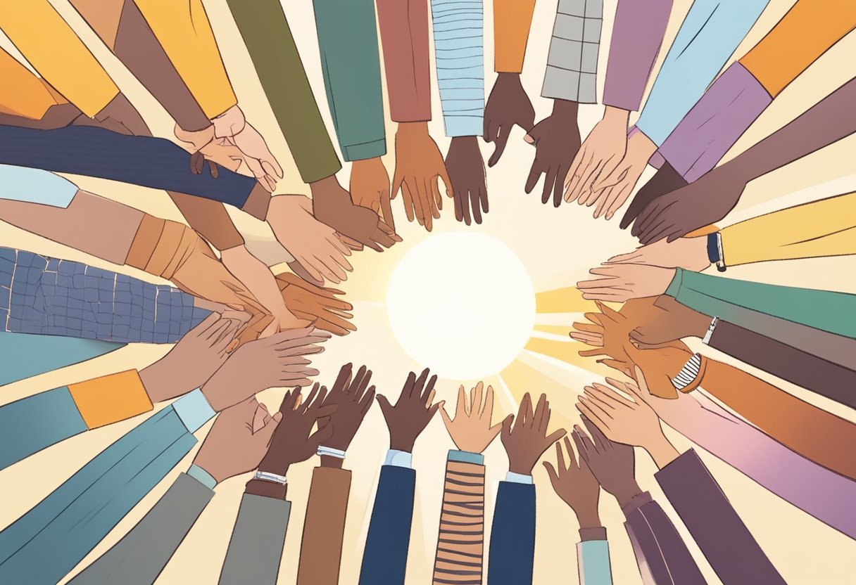 A diverse group of people gather in a circle, holding hands and smiling. The sun rises behind them, symbolizing a new day and the power of community