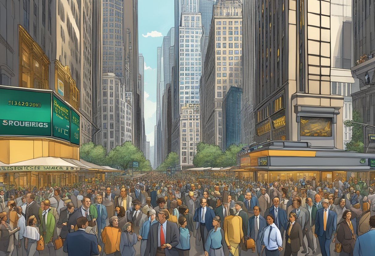 A bustling Wall Street scene with skyscrapers, stock tickers, and busy traders. The atmosphere is charged with energy and urgency