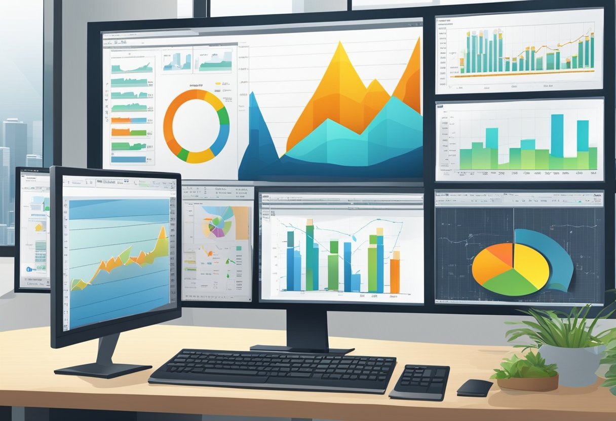 The scene features various analytical tools and features, such as charts, graphs, and financial indicators, displayed on a computer screen or wall display