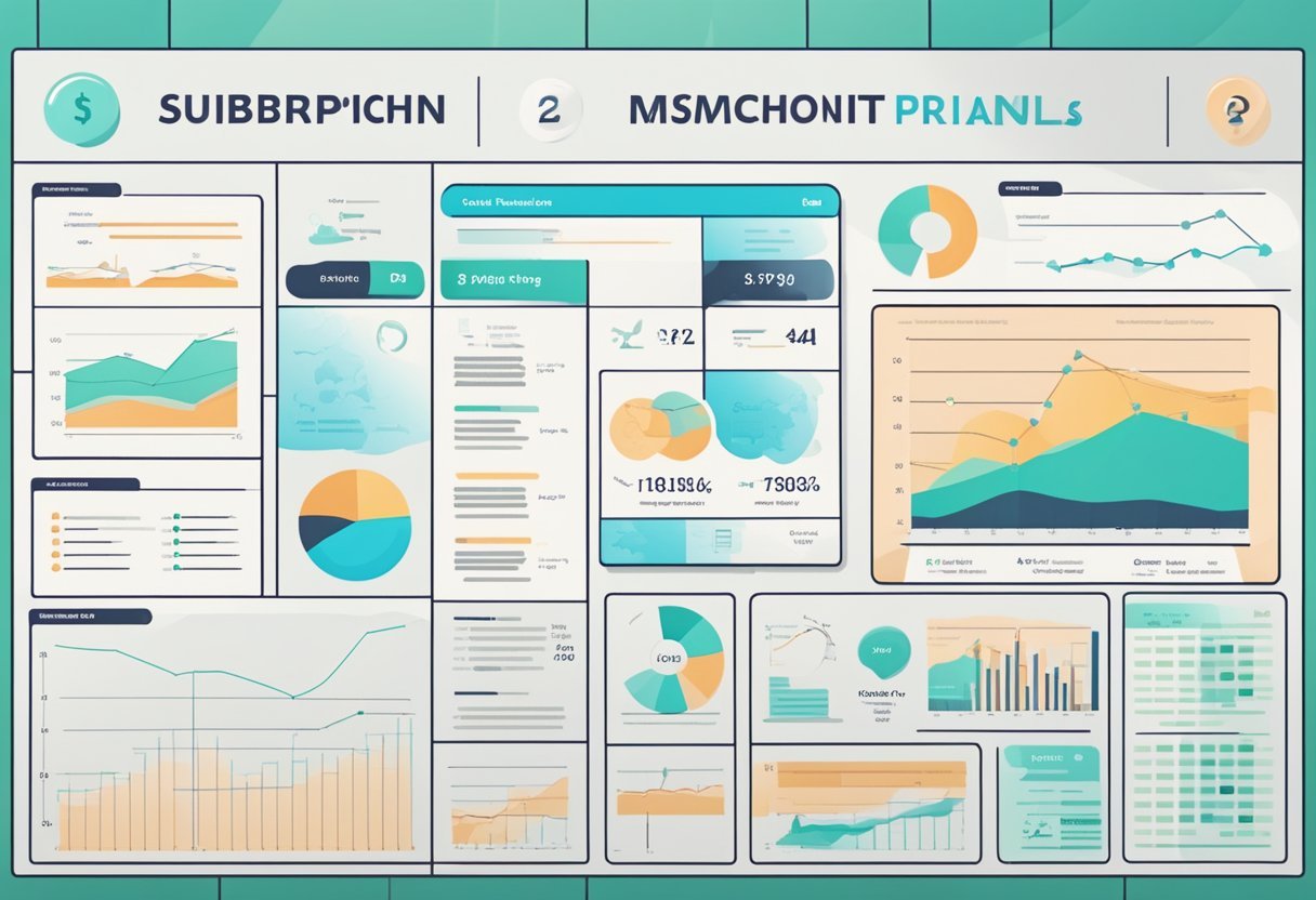 A wall with subscription plans and pricing displayed, surrounded by financial charts and graphs