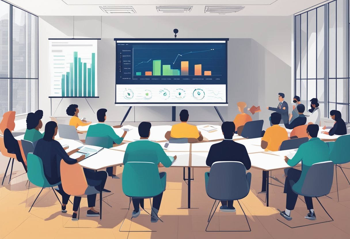 A webinar host presents financial charts on a large screen, while attendees take notes and engage in discussions