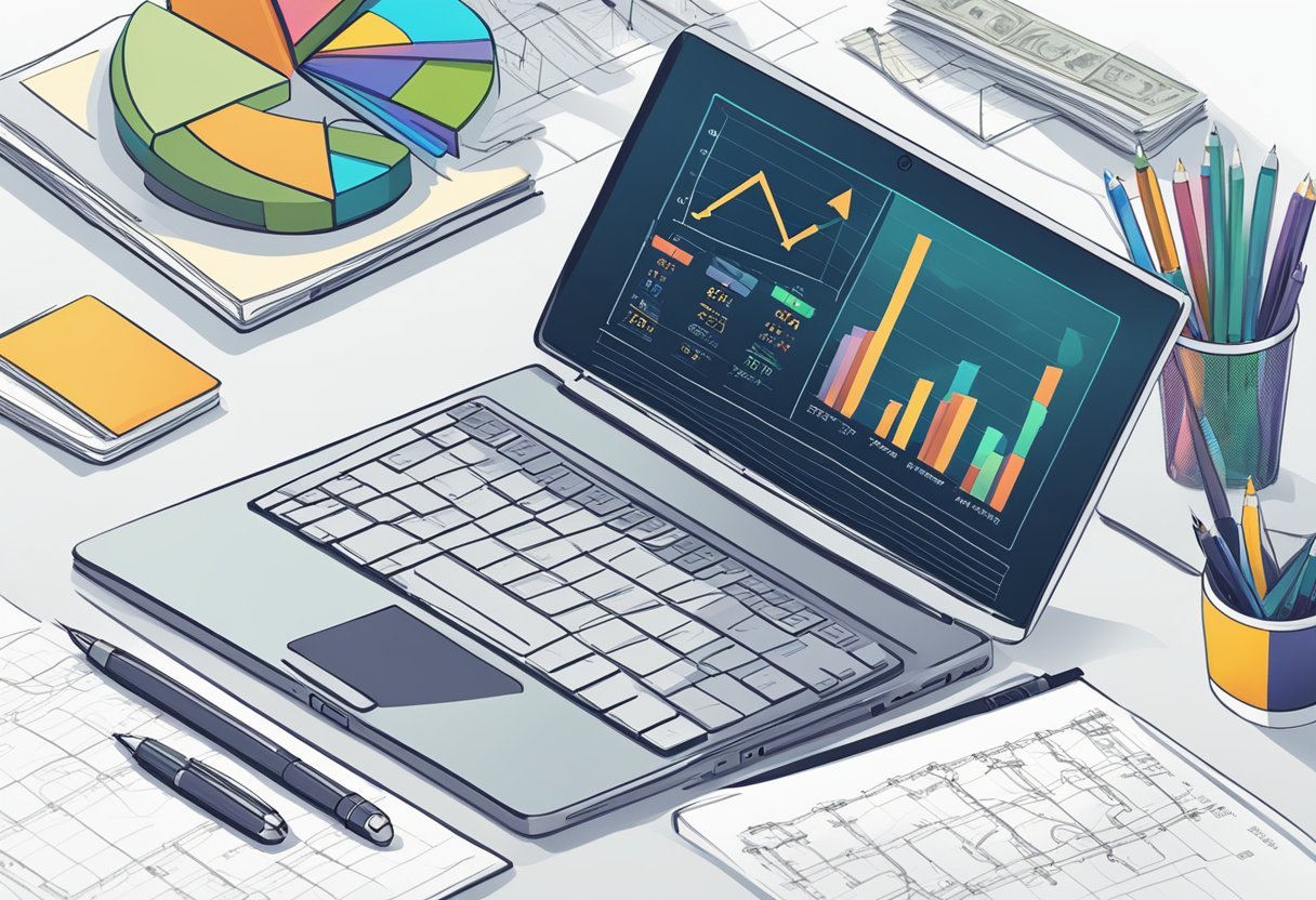 A laptop displaying a webinar titled "Costs and Earnings Potential Wealth System" with charts and graphs on the screen. A notepad and pen sit next to the laptop, ready for note-taking