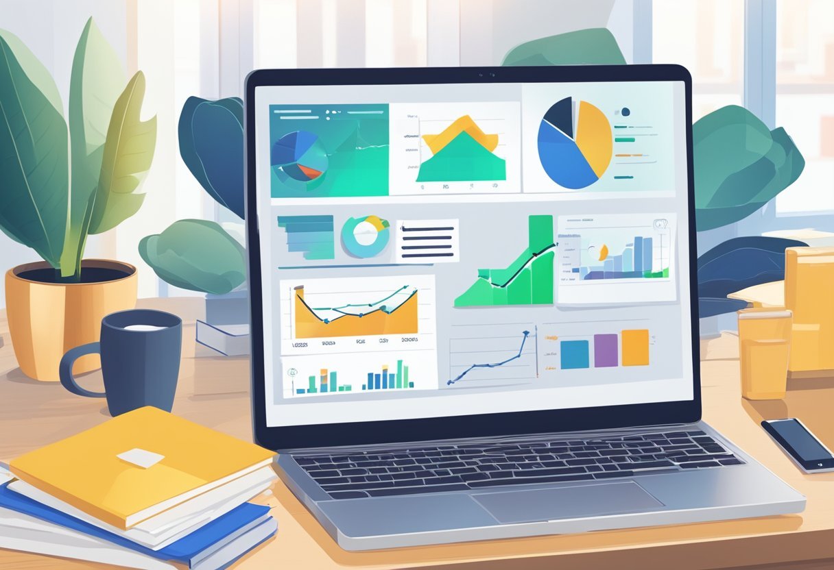 A laptop displaying a webinar titled "Marketing Strategies and Tools Wealth System" with various marketing tools and graphs in the background