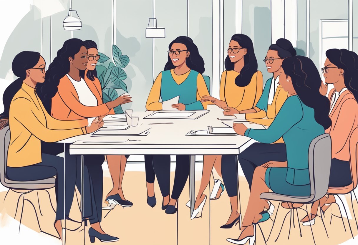 A woman confidently coaches a group of women, empowering them with dating advice and strategies