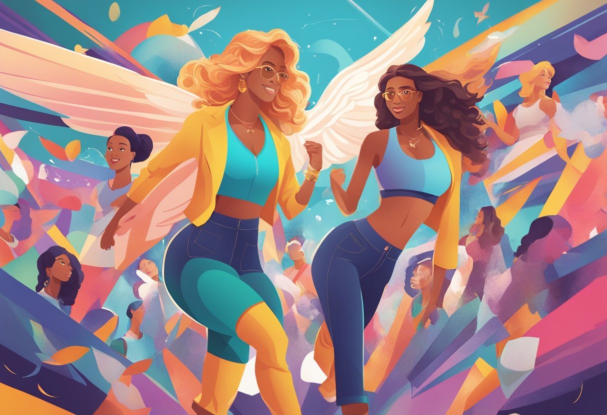 A colorful, dynamic scene with the Wing Girl Method logo prominently displayed, surrounded by images of confident, empowered women