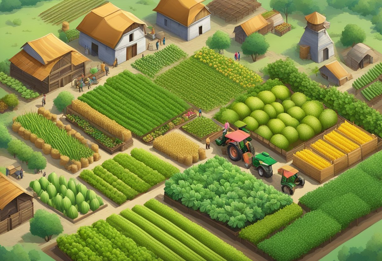 A lush farm with rows of crops, grazing livestock, and a bustling marketplace with farmers and traders exchanging goods