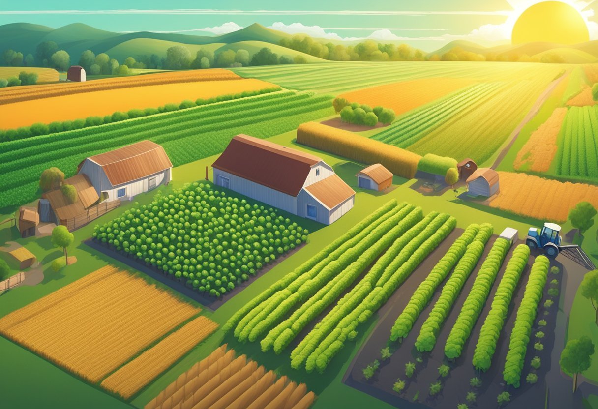 A lush farm with rows of crops, surrounded by a network of digital assets and yield farming tools. The sun shines overhead, casting a warm glow on the thriving ecosystem