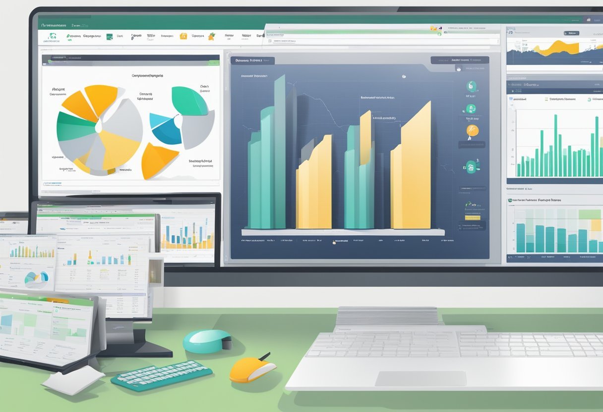 A computer screen displaying the Yieldfarming.Com website with charts and graphs, surrounded by financial data and analysis tools