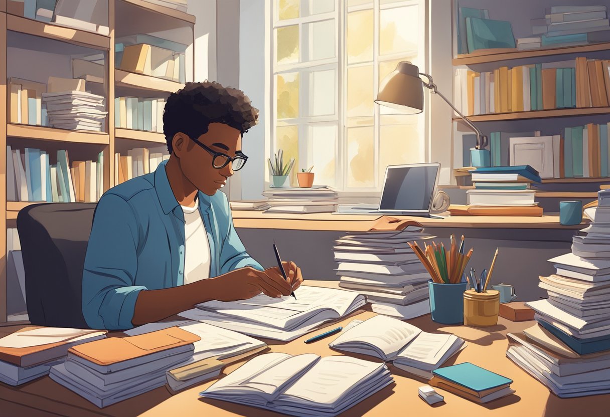 A person sits at a desk, surrounded by books and notes. They are focused, with a determined expression, working on a project. The room is filled with natural light, creating a sense of calm and concentration