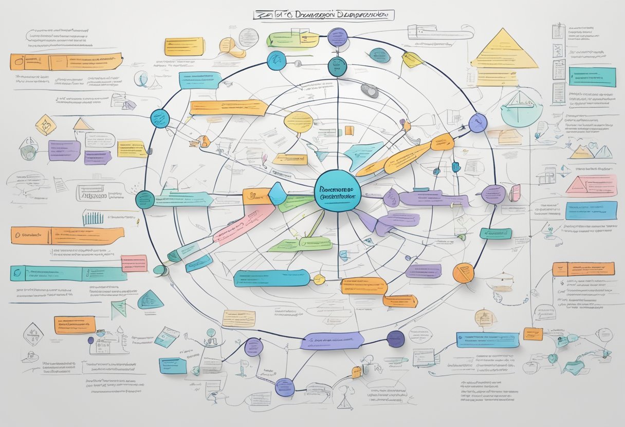 A whiteboard filled with interconnected topics, diagrams, and notes, representing the comprehensive and structured curriculum of Zero To Dangerous program