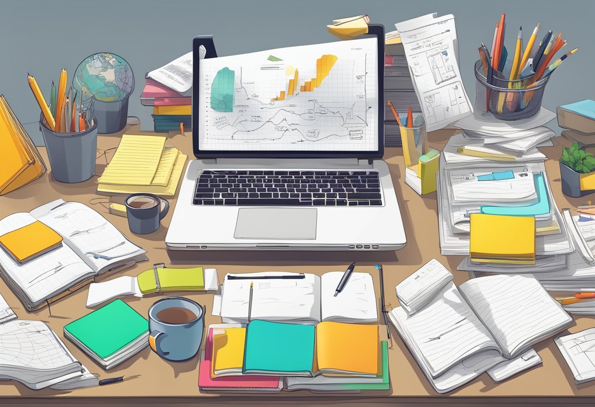 A cluttered desk with open notebooks, a laptop, and scattered pens. A whiteboard covered in brainstorming notes and diagrams. A bookshelf filled with self-help and productivity books