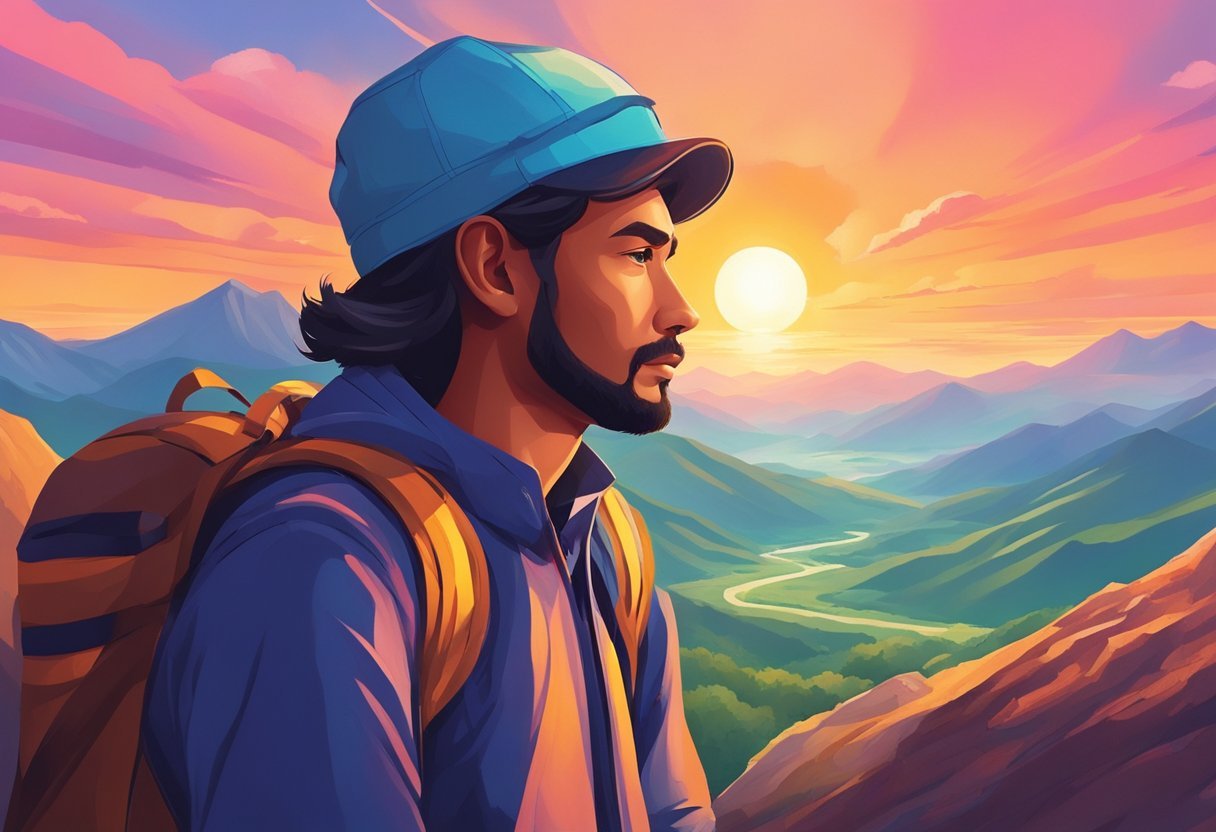 A figure stands atop a mountain peak, gazing out at a vast landscape. The sky is filled with vibrant colors as the sun sets, casting a warm glow over the scene